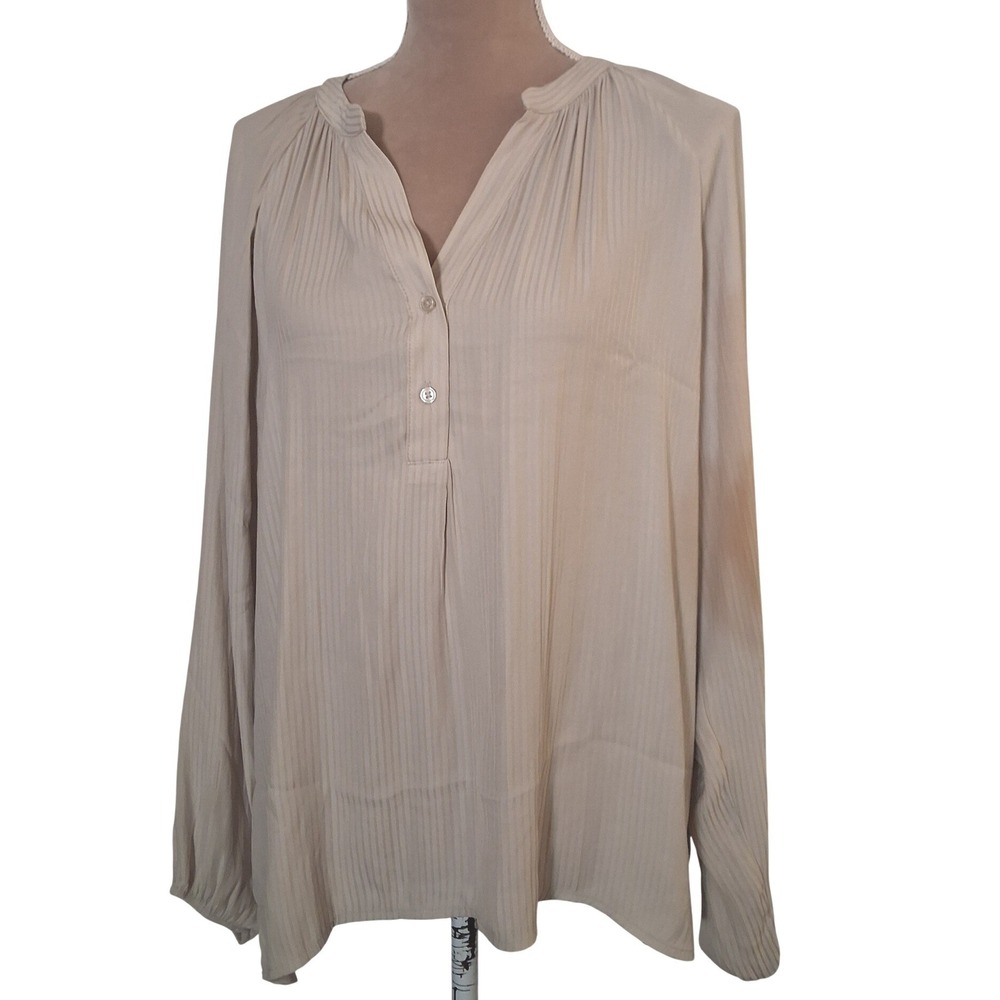 Maurices Beige Striped Long Sleeve Split Neck Blouse Top Large Lightweight New